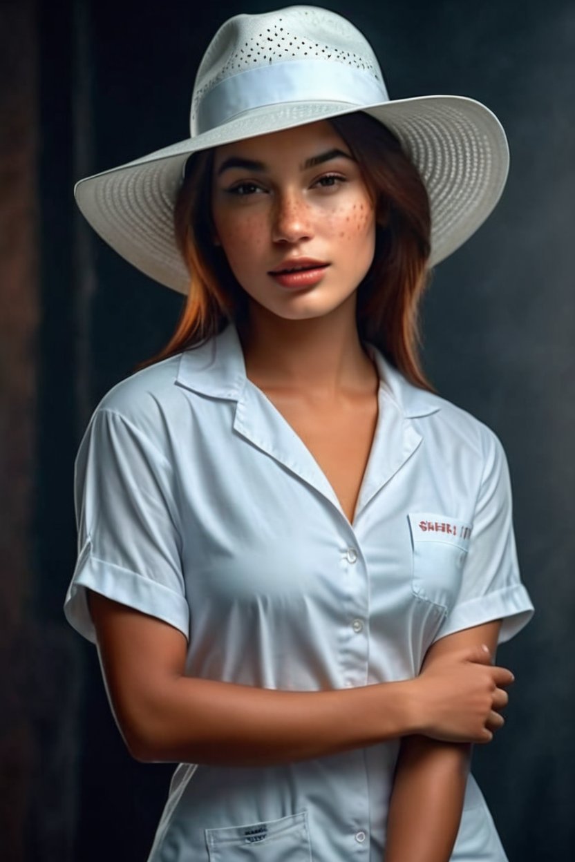 A breathtaking illustration of young beautiful sexy sherif girl in hat and shirt with freckles, alluring, perfect hands, evocative dynamic action pose, hands on waist. The half body shot, medical nurse style, dark and moody style, hyperrealistic, volumetric lighting, dramatic lighting, cinematic lighting, exquisite details, highly detailed, UHD, 64k resolution, hires