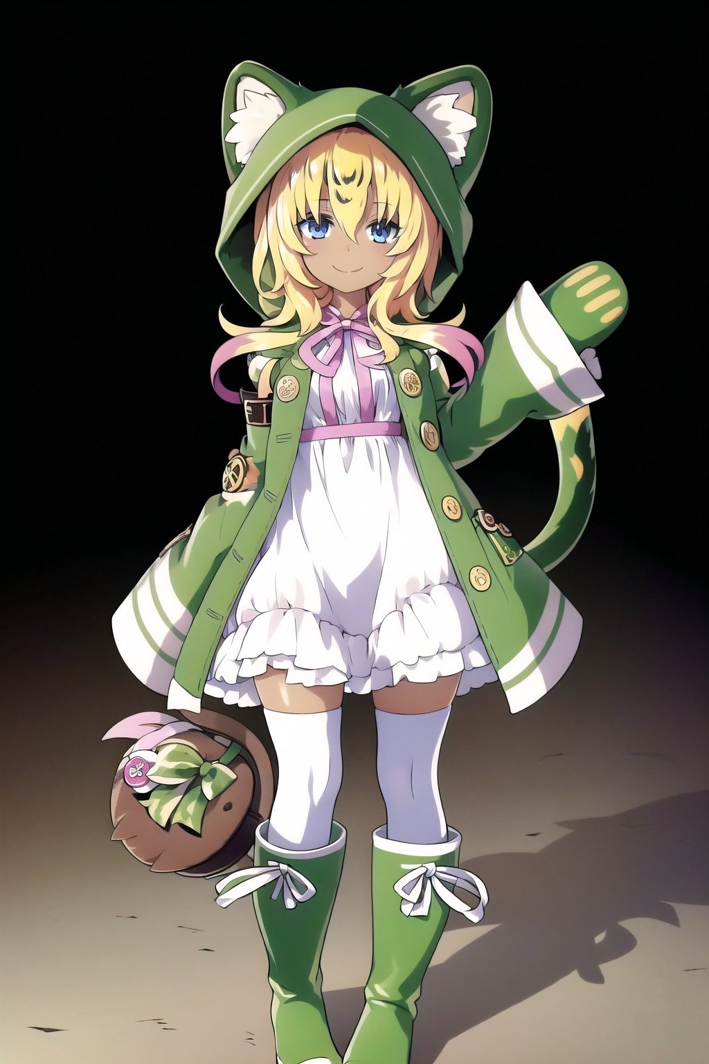 an SMD doll with a smile made  of shiny latex waving, long hair, ocelomeh, dark skin, animal hands, animal ears,cat ears,  slit pupils, tail, multicolored hair, blonde hair and yellow, thighhighs,1girl,blue hair,blue eyes,raincoat,hood up,open green coat,lop rabbit ears,detached sleeves,white dress,rabbit puppet,looking at viewer,(🌁),green boots,pink ribbon