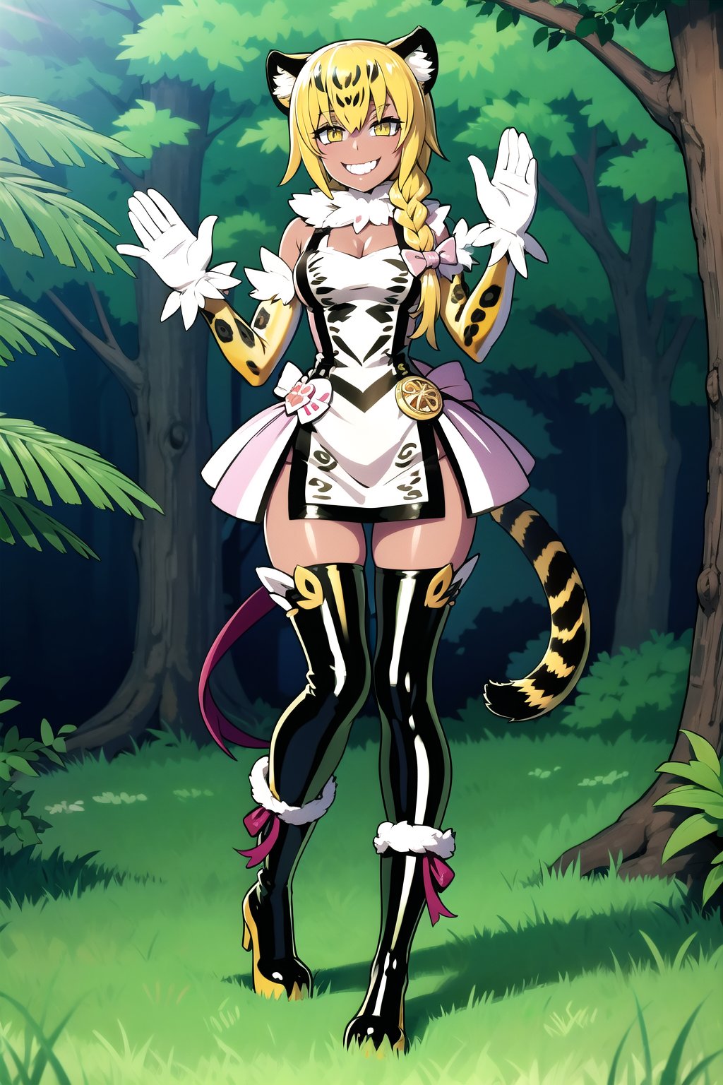 an SMD doll with a smile made  of shiny latex waving, long hair, wearing a pompous dress  made of polished latex, wearing very tight high-heeled boots, soles and heels made of polished latex, long, leafy forest in the background, plutia, striped, bow, ribbon, hair bow, single braid, ocelomeh, dark skin, animal hands, animal ears, slit pupils, tail, multicolored hair, blonde hair and yellow