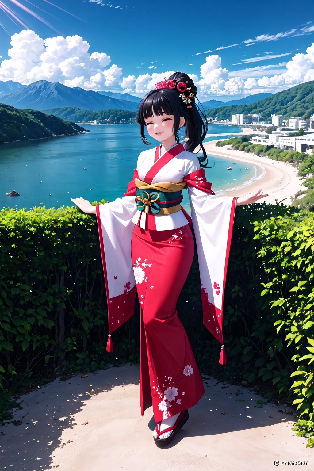 Here's the SD prompt for you:

**Image Description:**

A stunning geisha doll, made of shiny latex skin, stands on the edge of a beautiful beach with a tropical forest and mountains in the background. She wears a long, tight-fitting kimono, high platform sandals, and her hair is combed into a ponytail adorned with gold decorations. Her face is painted white with a big smile, and she dons a white mask. Her eyes are closed, and her thick, shiny lips curve upward in a happy expression. The sun shines brightly overhead, casting a warm glow on the scene.

**Composition:**

The geisha doll is positioned at the edge of the beach, with the ocean stretching out before her. The tropical forest and mountains create a lush, green background that complements the doll's shiny skin. Her pose is relaxed, with one foot slightly ahead of the other, giving the impression of taking in the breathtaking view.

**Lighting:**

The sun casts a warm, golden light on the scene, illuminating the geisha doll's shiny skin and the tropical forest. The shadows add depth and dimension to the image, while the blue sky above creates a sense of vastness and freedom. , High resolution, retouching, cara perfecta,anime,h4l0w3n5l0w5tyl3DonML1gh7,JessicaWaifu, gek,1face,flaming eye

Let me know if you'd like any adjustments or if this meets your requirements!