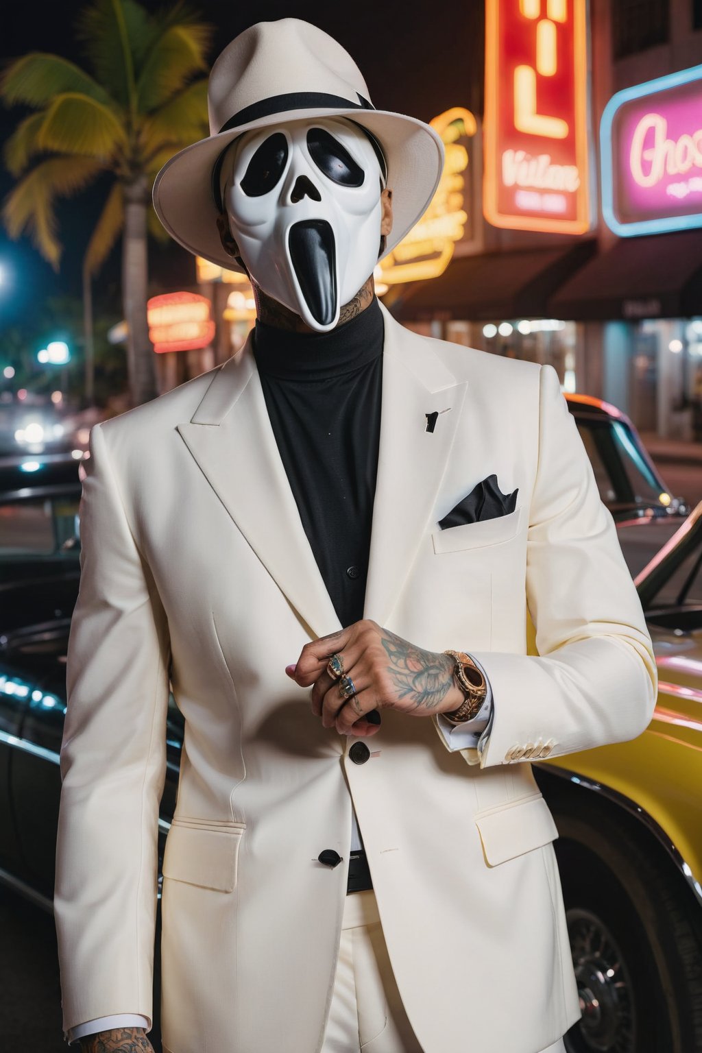 Create a highly detailed, visually striking mid-close shot of a slim Latino man dressed as an 80s mobster in Miami. He is wearing a white suit with a pastel-colored shirt, a fedora hat, and sunglasses, all while wearing a Ghostface mask from the villain in the movie 'Scream.' The man has visible tattoos, is posing aesthetically, and smiling. The background features a vibrant Miami street scene with palm trees, neon signs, and vintage cars.,ghostface mask