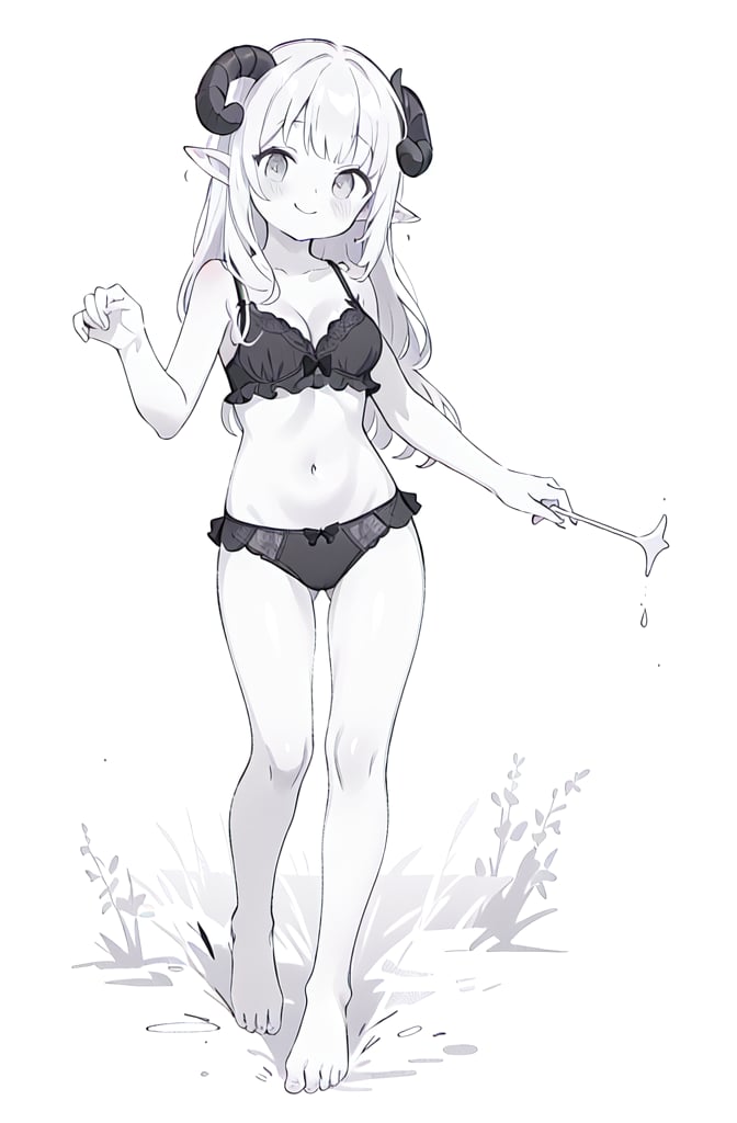 1girl, solo, long hair, breasts, looking at viewer, blush, smile, bangs, simple background, white background, bow, navel, cleavage, bare shoulders, medium breasts, very long hair, closed mouth, underwear, standing, collarbone, panties, monochrome, full body, greyscale, horns, barefoot, pointy ears, hand up, bra, black panties, bare arms, bare legs, underwear only, black bra, bow panties, curled horns, sheep horns