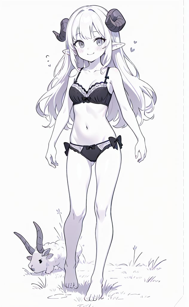 1girl, solo, long hair, breasts, looking at viewer, blush, smile, bangs, simple background, white background, bow, navel, cleavage, bare shoulders, medium breasts, very long hair, closed mouth, underwear, walking, collarbone, panties, monochrome, full body, greyscale, horns, barefoot, pointy ears, joy, bra, black panties, bare arms, bare legs, underwear only, black bra, bow panties, curled horns, sheep horns, grass