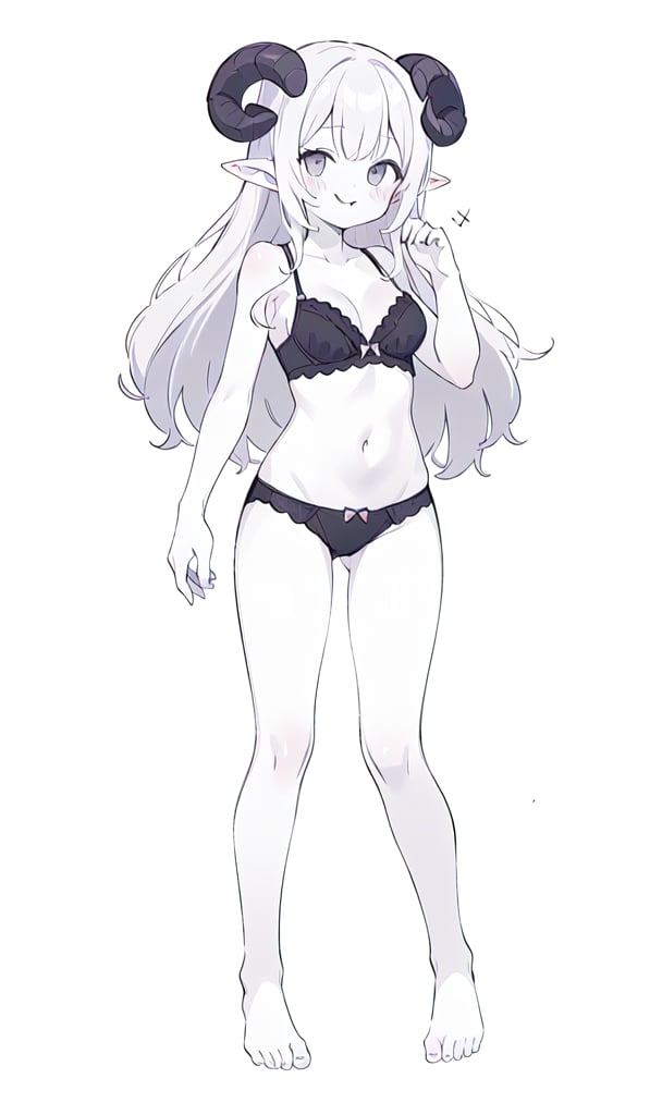 1girl, solo, long hair, breasts, looking at viewer, blush, smile, bangs, simple background, white background, bow, navel, cleavage, bare shoulders, medium breasts, very long hair, closed mouth, underwear, standing, collarbone, panties, monochrome, full body, greyscale, horns, barefoot, tongue, pointy ears, hand up, tongue out, bra, black panties, bare arms, bare legs, underwear only, black bra, bow panties, :q, curled horns, sheep horns