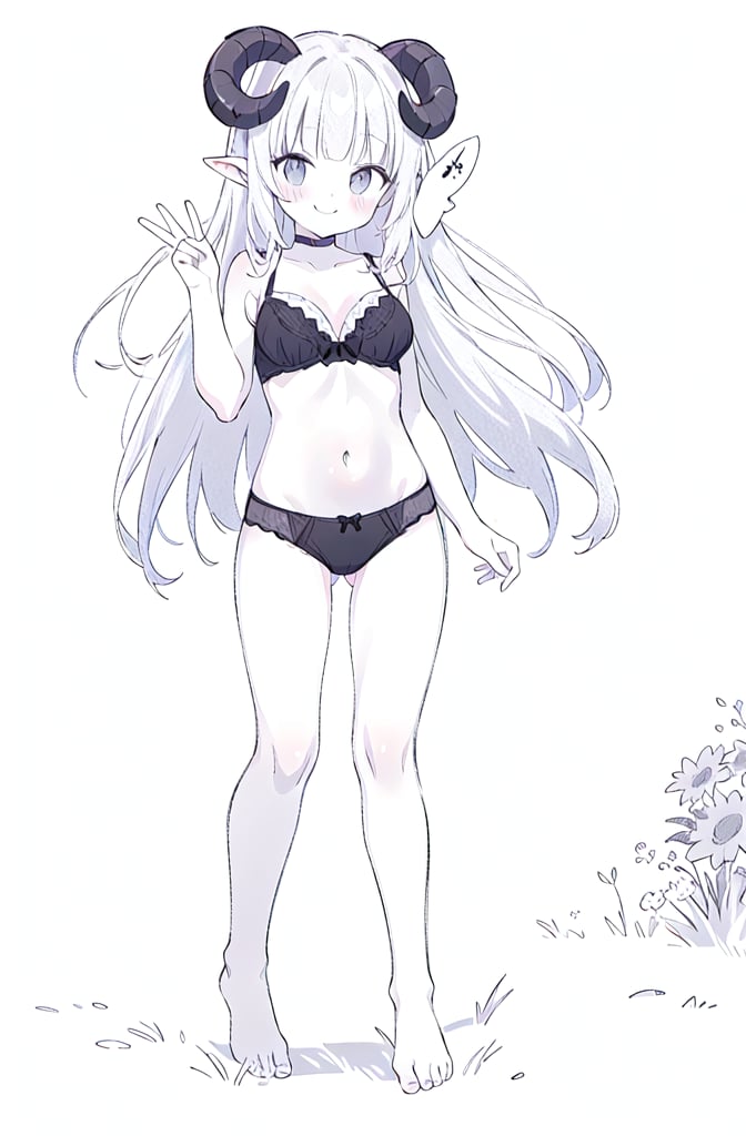 1girl, solo, long hair, breasts, looking at viewer, blush, smile, blunt bangs, simple background, white background, bow, navel, black chocker, cleavage, bare shoulders, medium breasts, very long hair, closed mouth, underwear, standing, collarbone, panties, monochrome, full body, greyscale, horns, barefoot, pointy ears, hand up, bra, black panties, bare arms, bare legs, underwear only, black bra, bow panties, curled horns, sheep horns, grass, flowers, peace sign