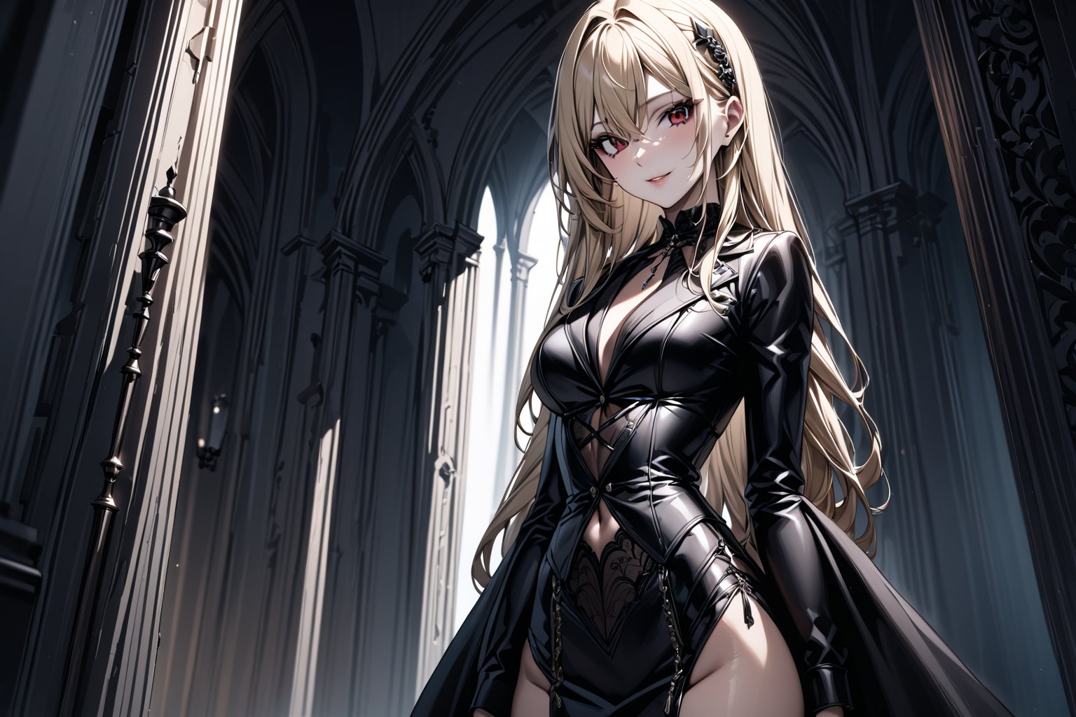 //Character, solo, 1girl, vampire red eyes, long hair, blonde hair, smile, stand
//Fashion, gothic femdom outfit
//Background, vampire lair
//Quality, (masterpiece), best quality, ultra-high resolution, ultra-high definition, highres, intricate, intricate details, absurdres, highly detailed, finely detailed, ultra-detailed, ultra-high texture quality, natural lighting, natural shadow, dramatic shading, dramatic lighting, vivid colour, perfect anatomy, 
//Others,photo r3al,Esdeath