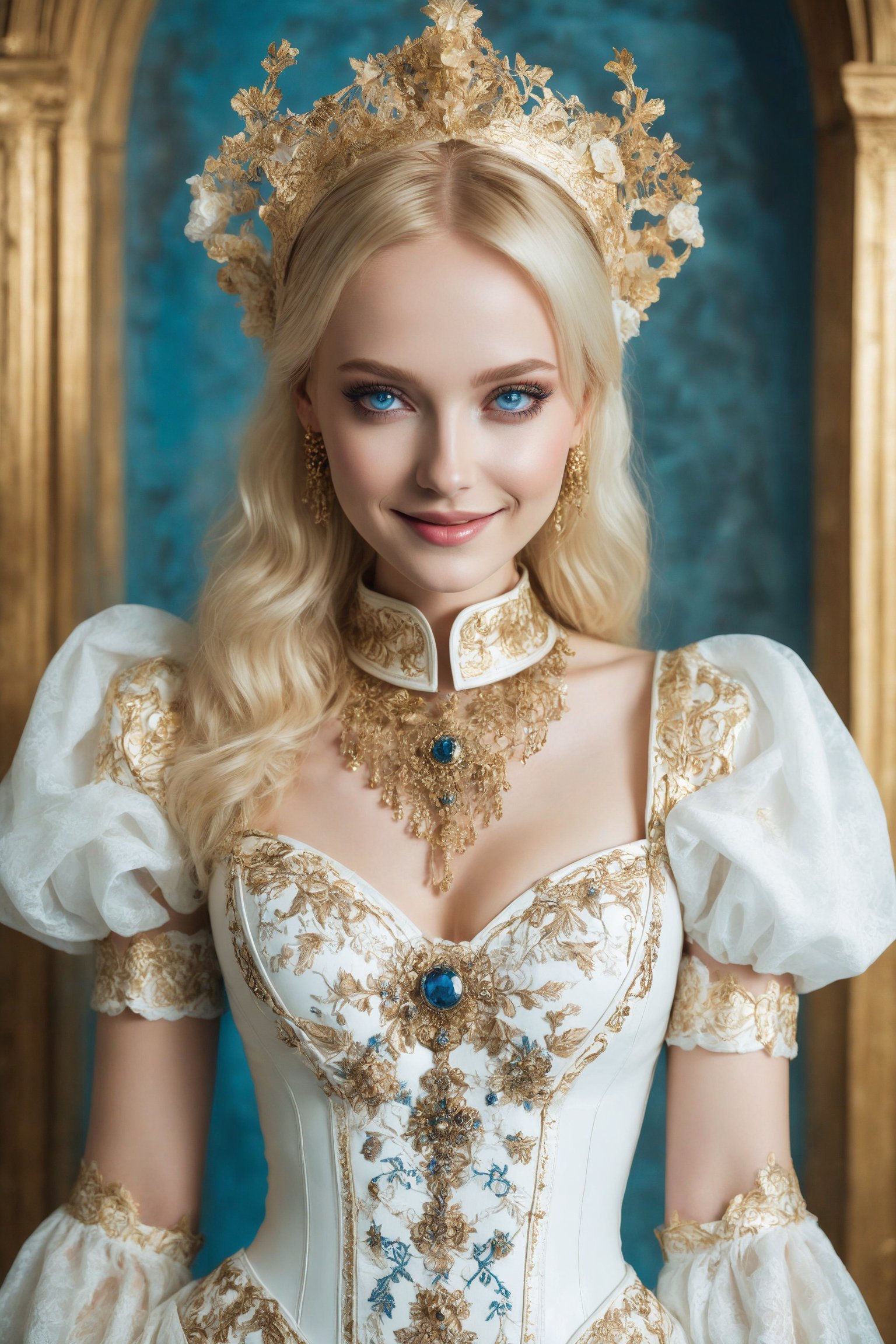 A woman of german descent, beautiful blonde hair, blue eyes, perfect beauty, wearing a beautiful rich mistress neo gothic white dress. The luxurious neo gothic dress is intricately embroidered in gold and jewels. She wears white gothic latex gloves and white gothic boots with gold accesories, smile full of happiness,emo