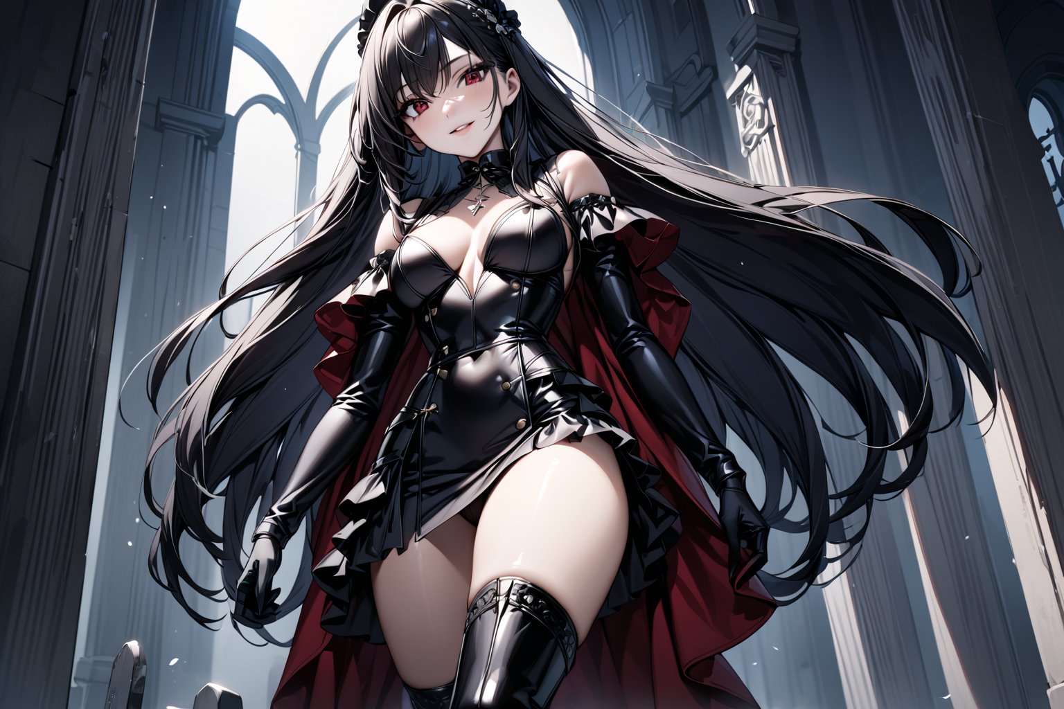 //Character, solo, 1girl, red eyes, long hair, black hair, smile, kicking
//Fashion, vampire femdom outfit, vampire heel boots
//Background, cemetery
//Quality, (masterpiece), best quality, ultra-high resolution, ultra-high definition, highres, intricate, intricate details, absurdres, highly detailed, finely detailed, ultra-detailed, ultra-high texture quality, natural lighting, natural shadow, dramatic shading, dramatic lighting, vivid colour, perfect anatomy, 
//Others,photo r3al,Esdeath