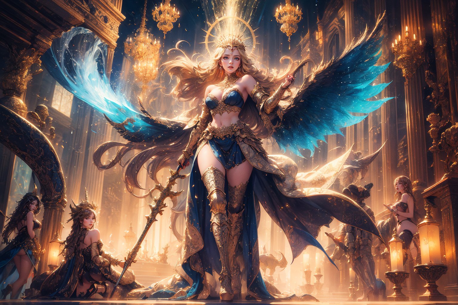 (Fullbody), Within the heavenly noble kingdom of valhalla, a radiant female valkyrie blonde woman looks like Emilie de Ravin stands tall in her gorgeous high heeled boots. Her golden hair cascades like a waterfall down her white steel plate armor-clad shoulders, a beacon of strength wisdom and grace. This stunning portrait captures her determined blue eyes, eternally vigilant against the encroaching darkness. Each brushstroke depicts her noble features with an ethereal glow, transforming the image into a masterpiece of mythical beauty.