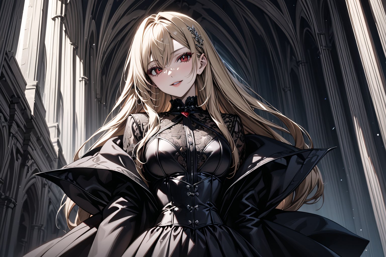 //Character, solo, 1girl, vampire red eyes, long hair, blonde hair, smile, stand
//Fashion, gothic femdom outfit
//Background, vampire lair
//Quality, (masterpiece), best quality, ultra-high resolution, ultra-high definition, highres, intricate, intricate details, absurdres, highly detailed, finely detailed, ultra-detailed, ultra-high texture quality, natural lighting, natural shadow, dramatic shading, dramatic lighting, vivid colour, perfect anatomy, 
//Others,photo r3al,Esdeath