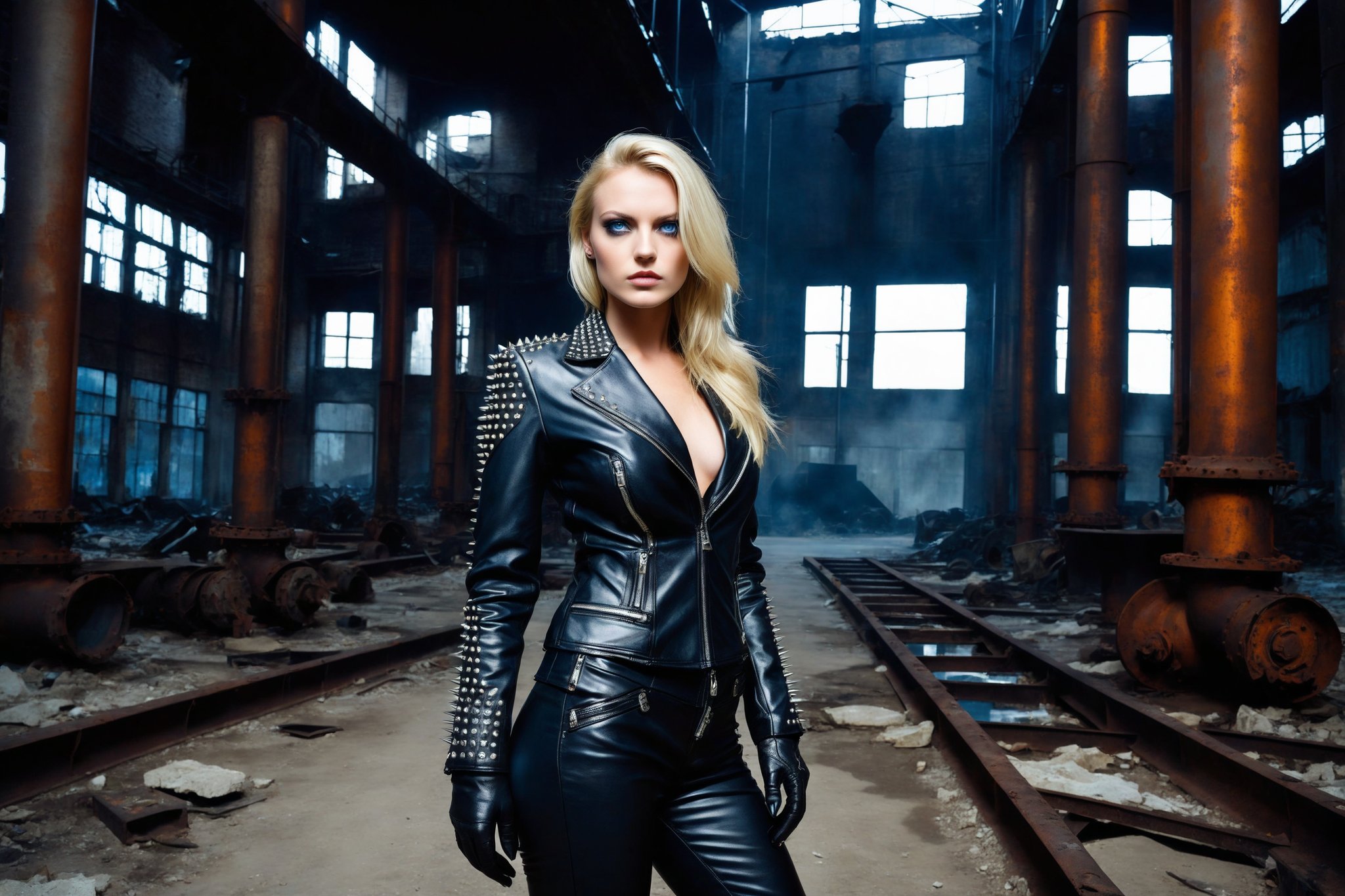 A wild and dominant rich woman of german descent, beautiful blonde hair, deep blue eyes, perfect beauty, wearing femdom leather studded suit with black gloves and studded spiked boots. She stands inside an abandoned steel factory at nigh, serious, emo