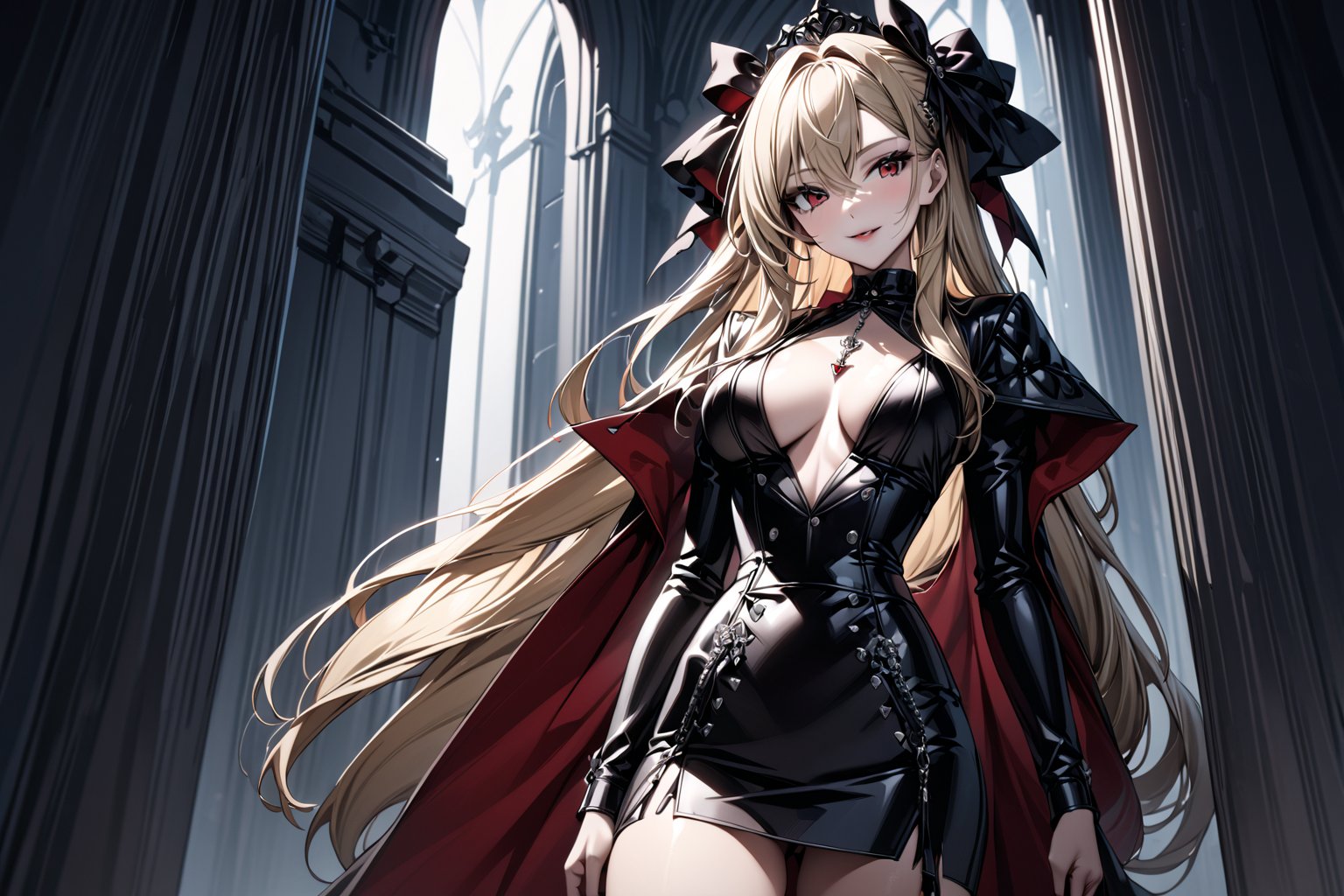 //Character, solo, 1girl, vampire red eyes, long hair, blonde hair, smile, stand
//Fashion, vampiress femdom outfit
//Background, vampire lair
//Quality, (masterpiece), best quality, ultra-high resolution, ultra-high definition, highres, intricate, intricate details, absurdres, highly detailed, finely detailed, ultra-detailed, ultra-high texture quality, natural lighting, natural shadow, dramatic shading, dramatic lighting, vivid colour, perfect anatomy, 
//Others,photo r3al,Esdeath