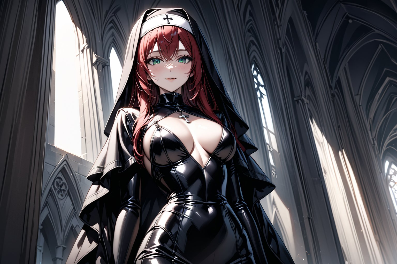 //Character, solo, 1girl, green eyes, long hair, red hair, smile, standing
//Fashion, latex nun femdom outfit
//Background, old gothic church
//Quality, (masterpiece), best quality, ultra-high resolution, ultra-high definition, highres, intricate, intricate details, absurdres, highly detailed, finely detailed, ultra-detailed, ultra-high texture quality, natural lighting, natural shadow, dramatic shading, dramatic lighting, vivid colour, perfect anatomy, 
//Others,photo r3al,Esdeath