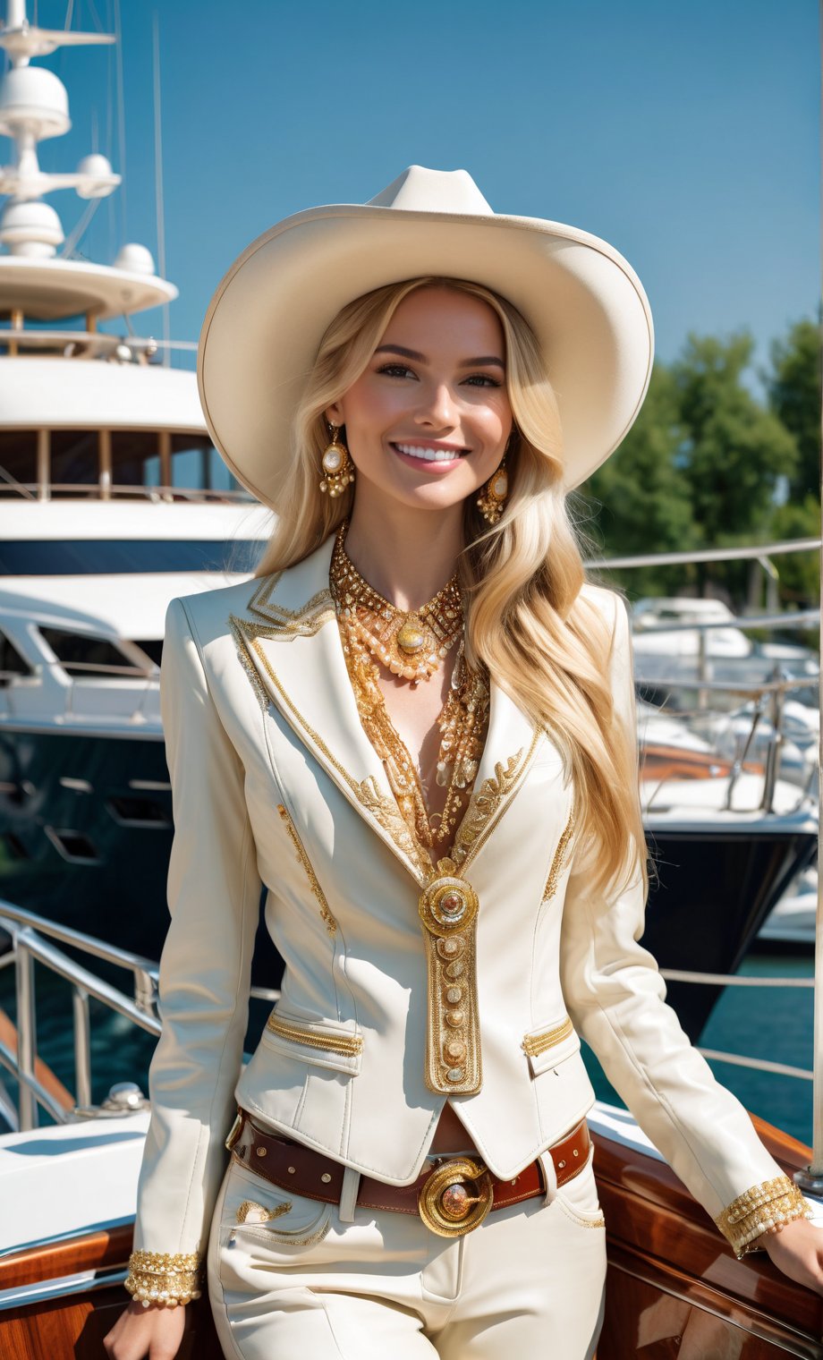 An aristocrat woman of german descent, beautiful blonde long hair, honey eyes, perfect beauty, wearing a beautiful leather cream suit, cowboy hat. She wears jewelry of gold and precious gems and pearls. she poses in front of the yacht club, garden, smile full of happiness,emo