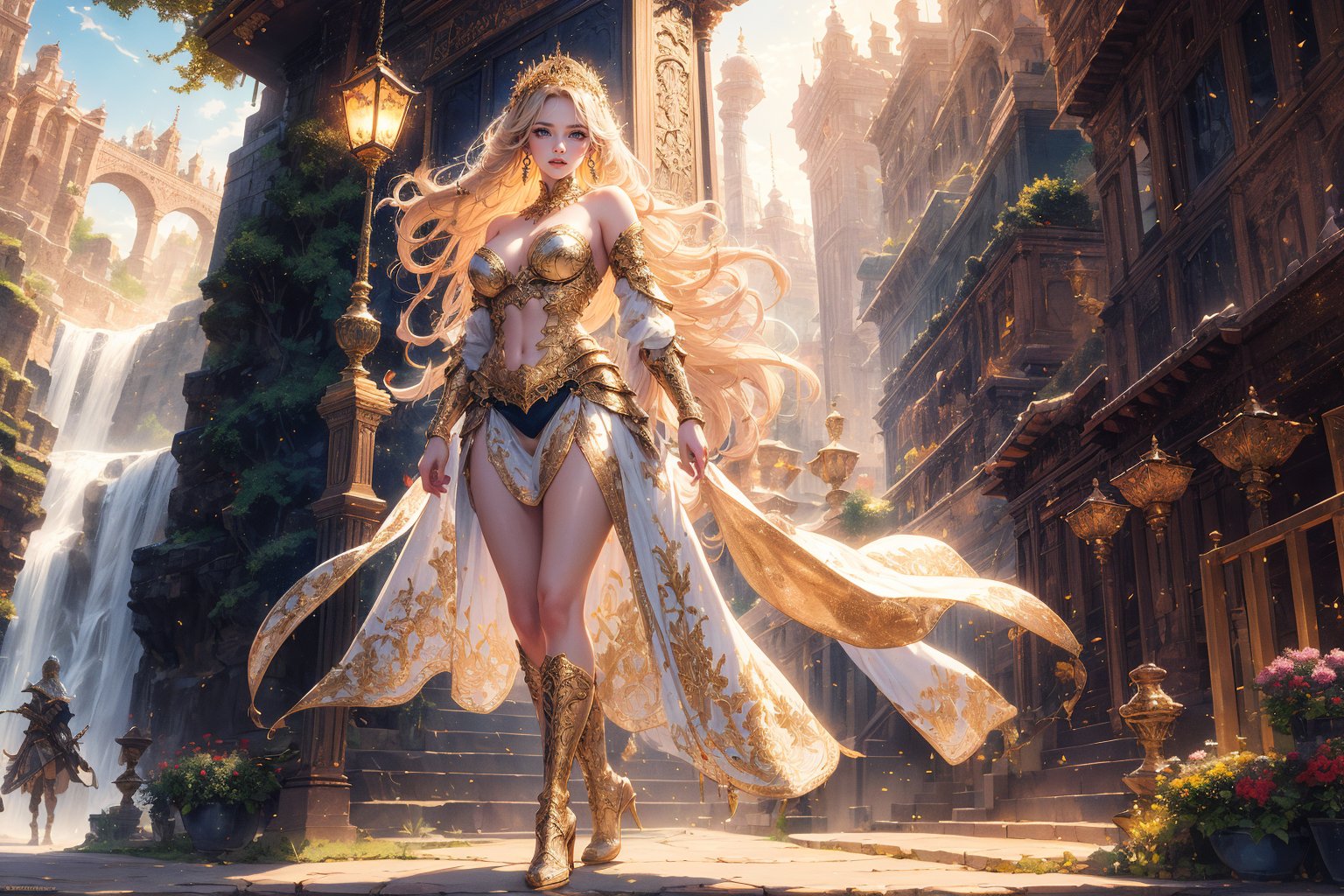 (Fullbody), In the garden of the heavenly kingdom of valhalla, a radiant female goddess blonde woman looks like Emilie de Ravin stands tall in her gorgeous high heeled boots. Her golden hair cascades like a waterfall down her shoulders, She is wearing a white golden armor-clad, she is a beacon of strength, wisdom and grace. This stunning portrait captures her determined blue eyes, eternally vigilant against the encroaching darkness. Each brushstroke depicts her noble features with an ethereal glow, transforming the image into a masterpiece of mythical beauty.