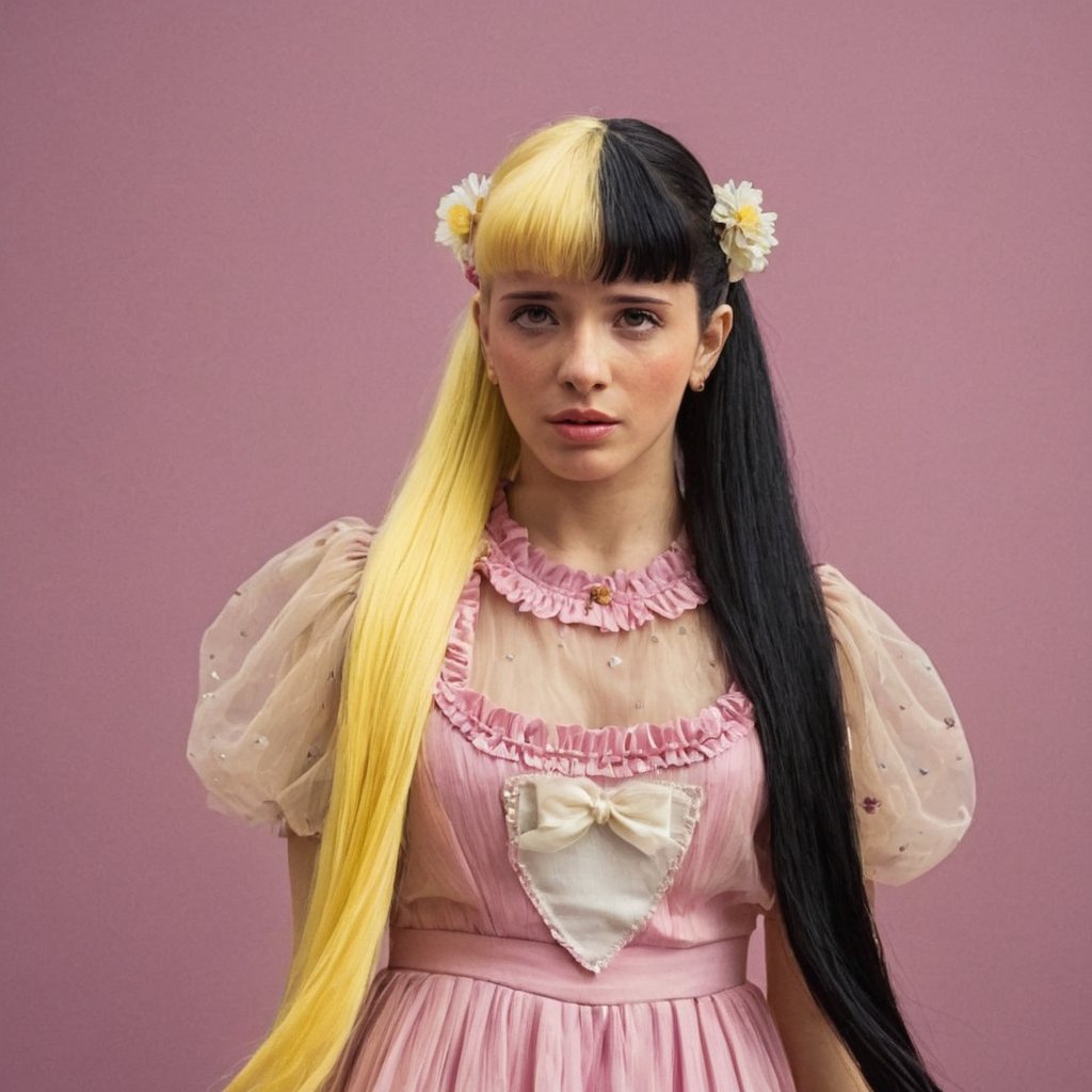 A woman with a pink dress with flowers details, long-hair, mullet hair,in the drama club,split-color hair yellow & black,puppet set