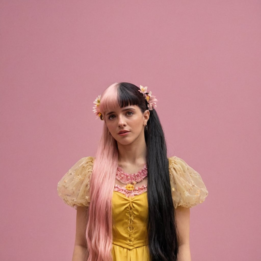 A woman with a pink dress with flowers details, long-hair, mullet hair,in the drama club,split-color hair yellow & black,puppet set