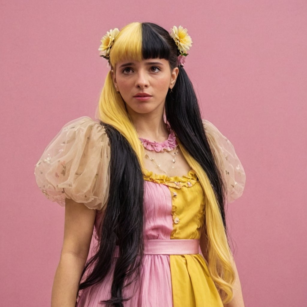 A woman with a pink dress with flowers details, long-hair, mullet hair,in the drama club,split-color hair yellow & black,puppet set