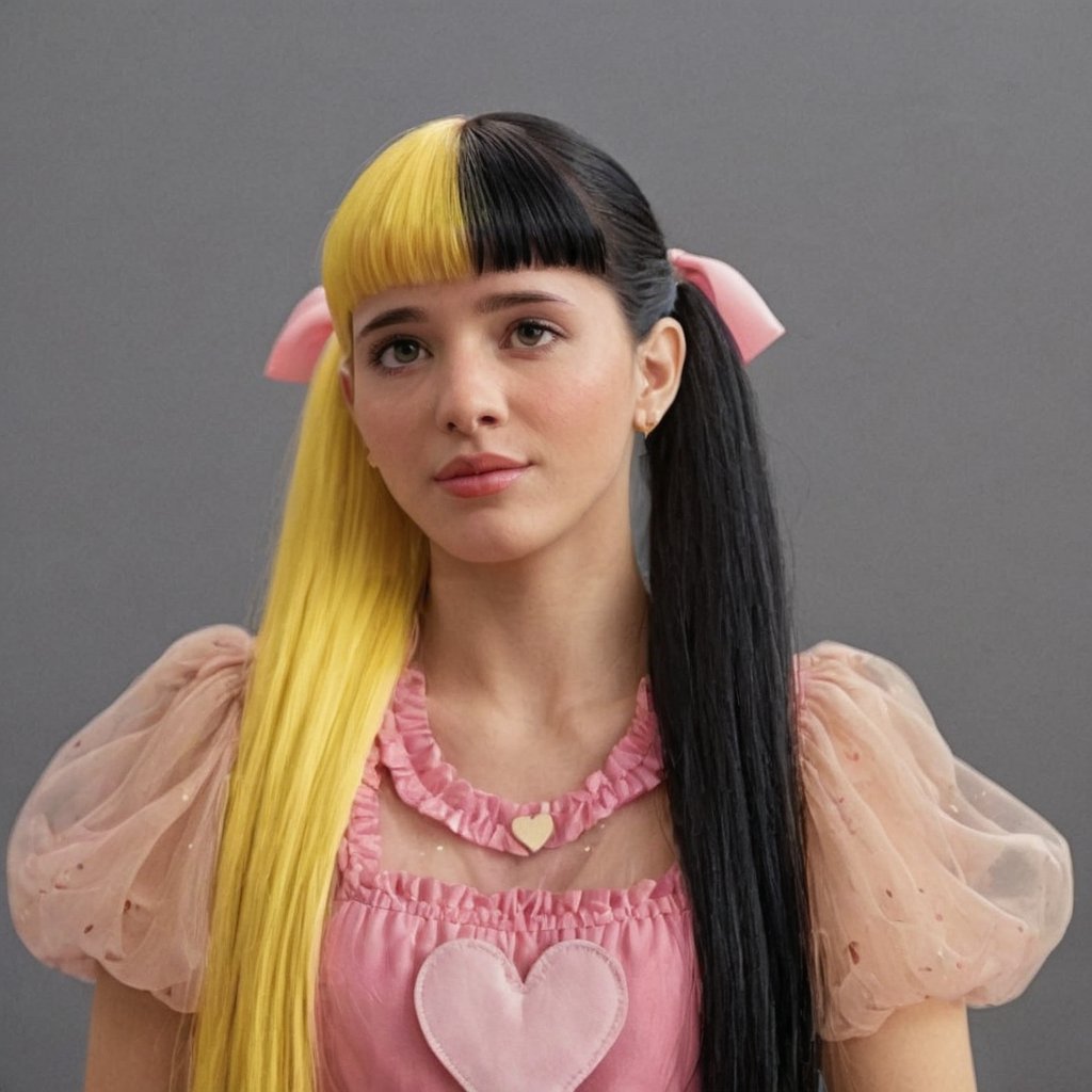 A woman with a pink dress details, long-hair, mullet hair,in the drama club,split-color hair yellow & black,puppet set,heart of k12
Happy face, realistic. 