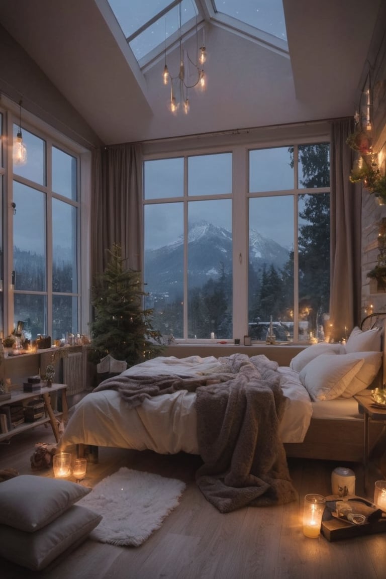 a modern day Elven bedroom, big panoramic windows, a fireplace. The bed is a haven of softness, with layers of plush blankets and fluffy duvets beckoning to be nestled into, midnight outside. Cosy atmosphere with fairy lights and ambient lighting. Professional photography, cinematic, high detail