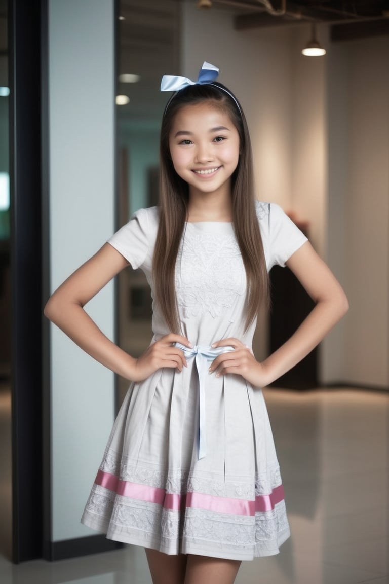 A petite Asian teenage girl with long hair ribbons stands confidently in a modern indoor setting,  her bright smile and ge...