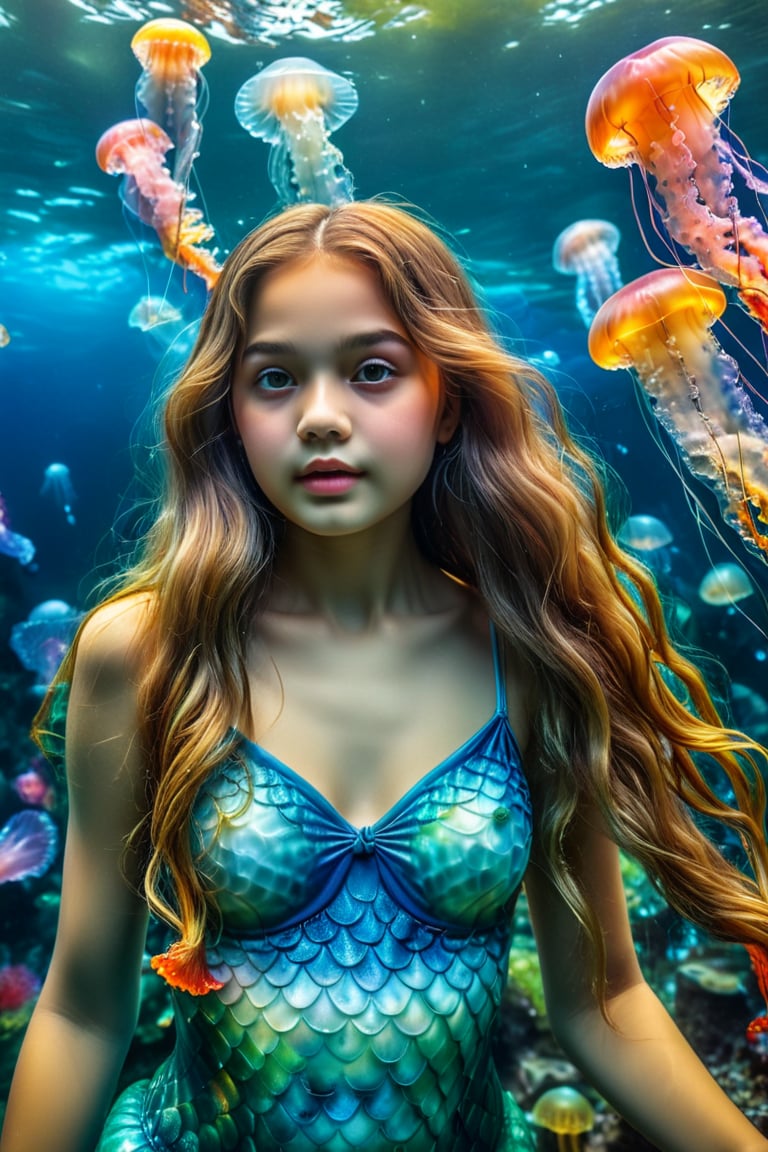 jellyfishes underwater world, ((sea jellies)), ((extremely realistic photo)), professional photo, underwater world, a beautiful young model with long hair, (mermaid tail), ((she between colorful magic jellyfishes)), (ultra realistic detailed perfect face)), ((ultra sharp focus)), (realistic textures and skin:1.1), rich colors, masterpiece,  high definition ((best quality, masterpiece, detailed)), ultra high resolution, hdr, art, high detail, add more detail, (extreme and intricate details),((sharp focus:1.2)),  ((more detail xl)), more detail XL,detailmaster2,Enhanced All,photo real,masterpiece,photo real,flat chested