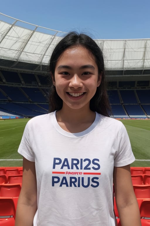 Against a vibrant green stadium backdrop, a young Asian GIRL stands proudly, donning a white t-shirt emblazoned with the words 'PARIS 2024' and blue sports shorts. His small smile hints at a mix of excitement and determination as he gazes straight into the camera lens. Framed by the archways and lights of the stadium, his figure is set against a brilliant blue sky, capturing the essence of youthful enthusiasm and athletic spirit.