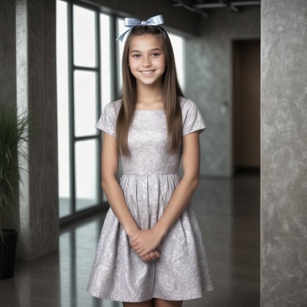A petite teenage girl with long hair ribbons stands confidently in a modern indoor setting,  her bright smile and gentle '...