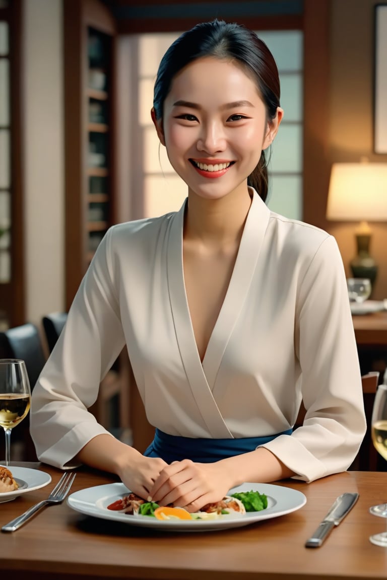 Full body shot,  Asian, dynamic, shy smiles, 4k,extremely detailed, realistic, perfect anatomy , more reasonable Details,detailed, on dining  table background, Enhanced Reality