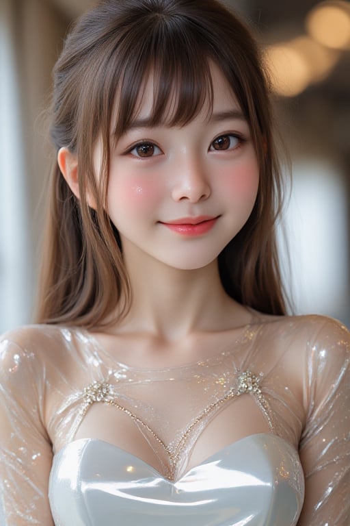 super cute loli face,  
very beautiful loli girl, 
(japanese idol face:1.3),14 yo,
happy cheerful smile,
(sparkling clear attractive large eyes:1.4), 
cheerful smile,
long brown hair,
super smooth and very silky hair, 
transparent fair skin, rosy complexion
long see-through bangs,
(super shiny holographic transparent white ball gown dress:1.3),
(realistic photograph:1),
row photo,
(tight-fit costume with very smooth and strong reflective mirror-like surfaces:1.1),
ball hall