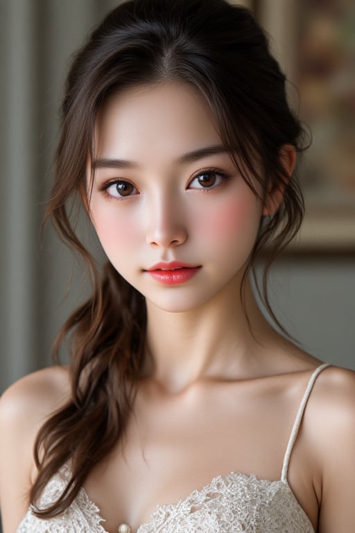 Photo of A  beautiful girl who's face is a perfect blend of French and Vietnam facial features. Soft facial features. Dress