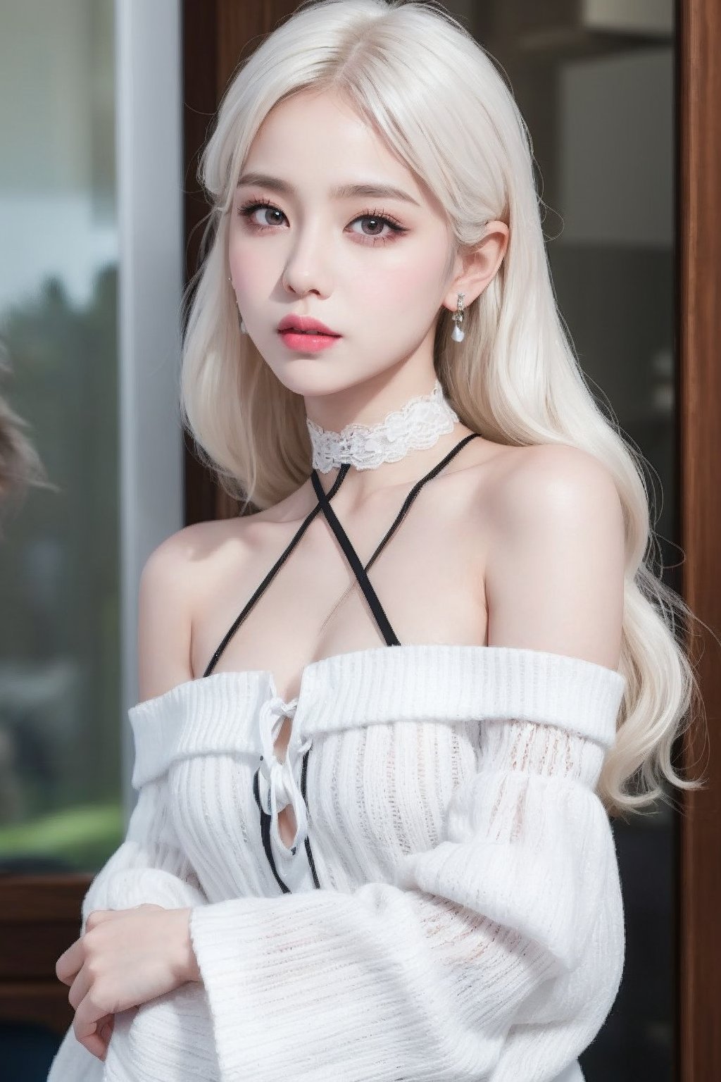 1 girl , JeeSoo, upper body, 17yo, cute girl, petite girl, very slim figure, (long white hair:1.3)

((white tull lace up sleeve off-shoulder knit))
Very thin leganicules, Earrings, Pink Lips, choker, Real, Sexy, detailed face, detailed Background, Depth of written boundary, whole body viewing angle, alone, night, Detailed eyes, Gradation, Perfect anatomical figure, girl with perfect body, Highly detailed skin, Detailed face, Beautiful eyes in every detail, Background Blur, lolita_dress, hanfu. Best quality, ultra high resolution, HDR, RAW, masterpiece, illustration, (photorealistic:1.4)