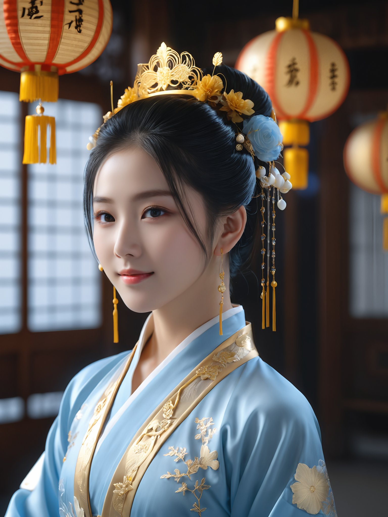 score_9,score_8_up,score_7_up, masterpiece, best quality, highres, 4K, 8K, ultra-detailed, photorealistic, source_real 
BREAK
1girl, 18 years old, hanfu, Portrait of noble and graceful goddess, dressed in light-blue and gold, elaborate coiffure hairstyle, dark hair, decoration, Brilliant scene with bright lights, mist, numerous decorations, joyful atmosphere, light smile, More Reasonable Details
BREAK
UHD, HDR, Cinematic lighting, physically-based rendering