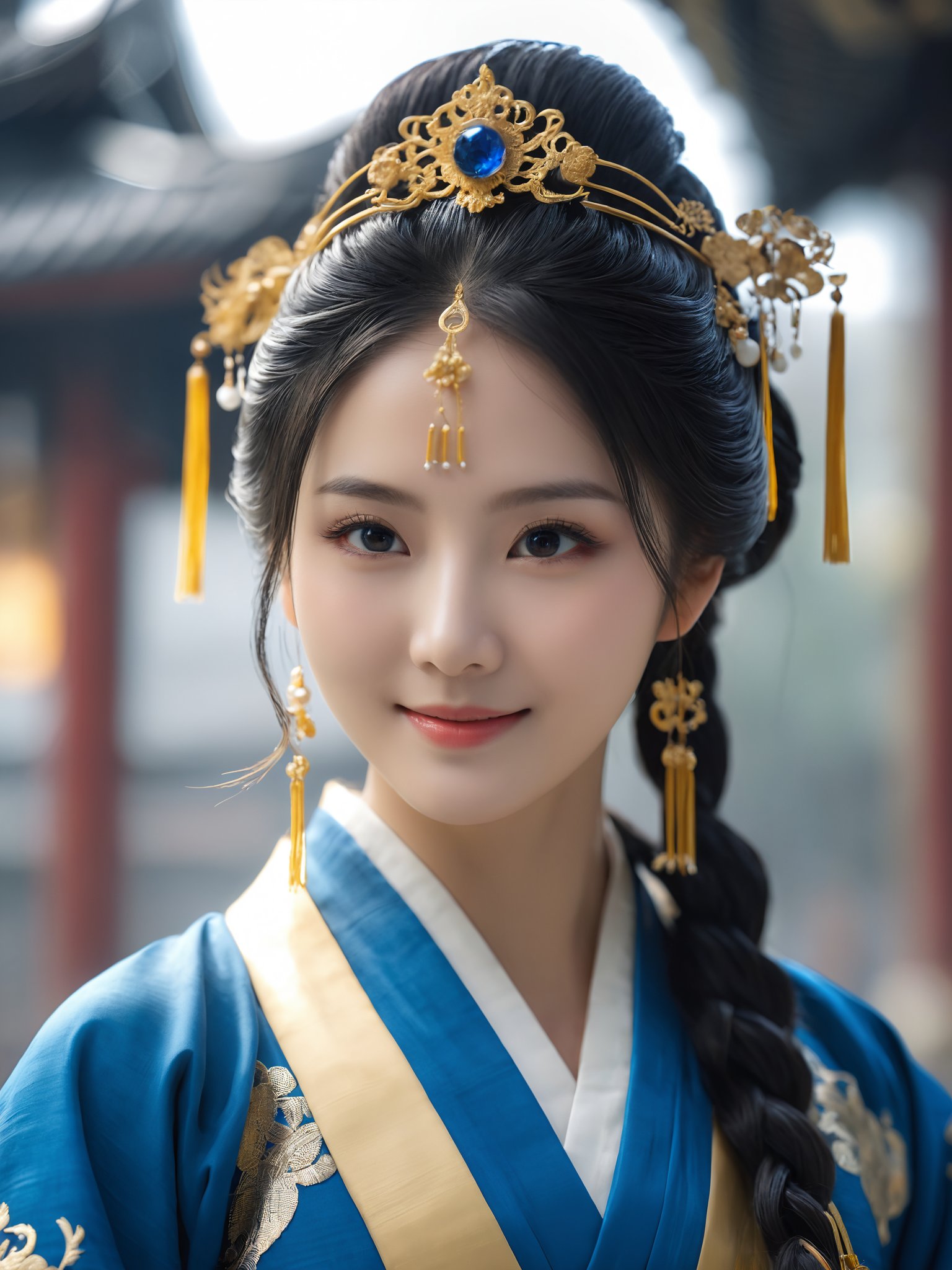 score_9,score_8_up,score_7_up, masterpiece, best quality, highres, 4K, 8K, ultra-detailed, photorealistic, source_real 
BREAK
1girl, hanfu, Portrait of noble and graceful goddess, dressed in blue and gold, elaborate coiffure hairstyle, dark hair, decoration, Brilliant scene with bright lights, mist, numerous decorations, joyful atmosphere, light smile
BREAK
UHD, HDR, Cinematic lighting, physically-based rendering