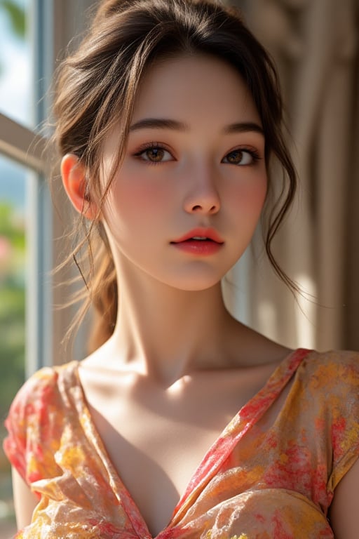 Photo of A  stunningly beautiful girl who's face is a perfect blend of French and Vietnam facial features. Soft facial features, natural makeup.
Immaculate transparent skin, rosy complexion. Dress
Natural sunlight from windows, brightly lit room, colourful furniture