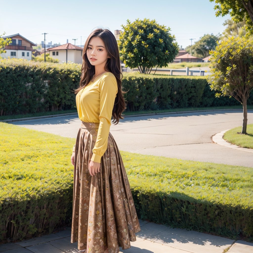 1girl, solo, long hair, looking at viewer, smile, skirt, brown hair, shirt, long sleeves, standing, full body, closed eyes, outdoors, sky, day, floral print, long skirt, yellow shirt, red lips