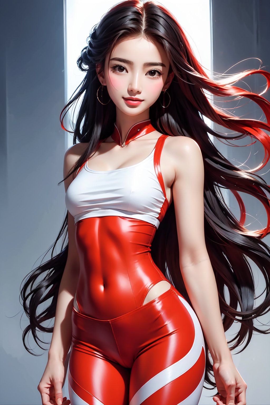 Pretty and beautiful girl. She wears a very badass outfit (white shirt, red leggins, bare shoulders). She is a very badass. Hyperdetailing masterpiece, hyperdetailing skin, masterpiece quality, with 4k resolution. Tender gaze. Very long hair, himecut hairtyle, black hair. Red eyes. She is smiling. High school in background. beautiful and shiny skin, beautiful and detailed eyes, beautiful and detailed outfit. Detailed hands. Beautiful adbomen. proportional body.