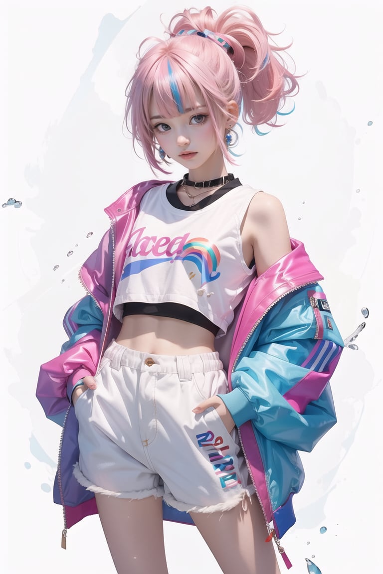 korea girl 22 year old, pink sleek pixie shorts hair style, wearing oversize rainbow jacket bomber m1, shorts bluejeans, white sneaker, splash color on background