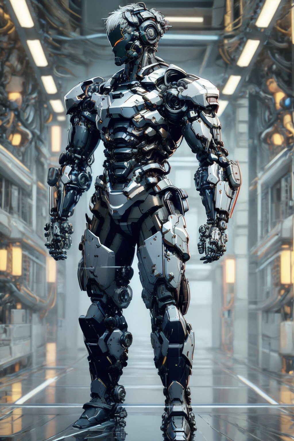 cinematic film, masterpiece, man, grey hair, full body,  mechanical arm, head gear, best quality, cyborg glass, mecha, technological