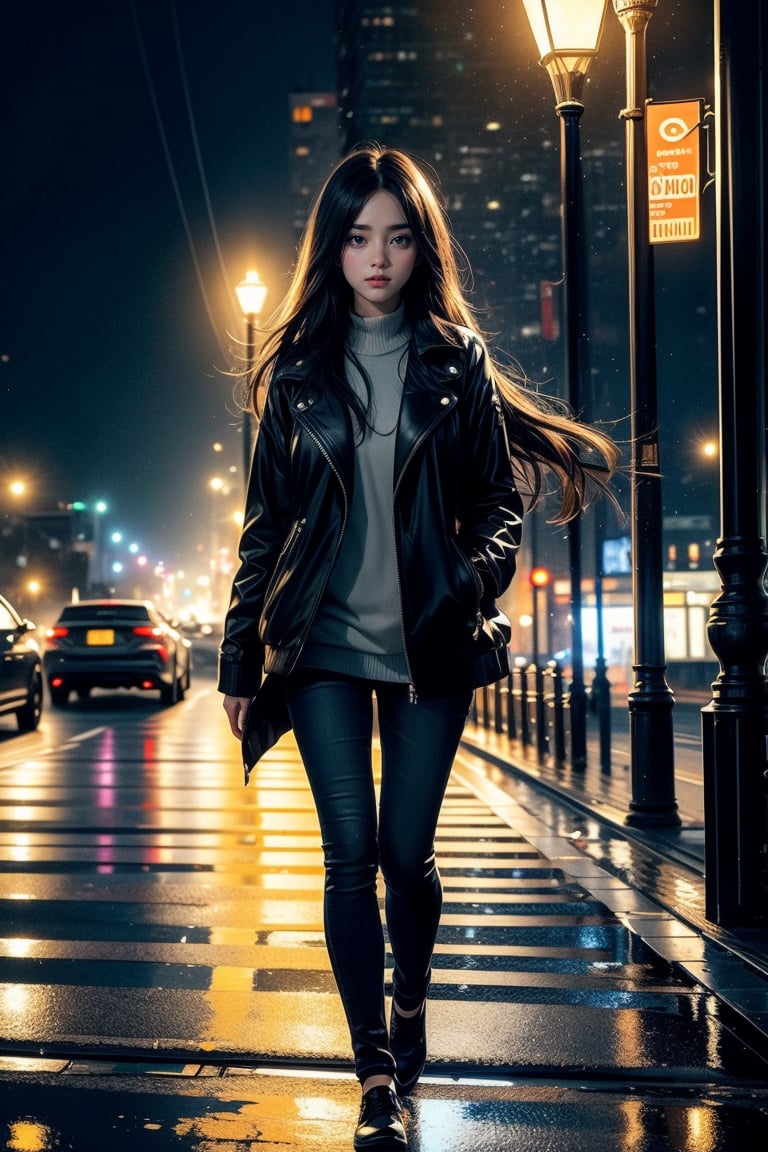 vibrant colors, female, masterpiece, sharp focus, best quality, depth of field, cinematic lighting, ((solo, one woman )), (illustration, 8k CG, extremely detailed), masterpiece, ultra-detailed, In the painting titled “Urban Night,” a young woman finds herself in a mesmerizing night scene as she walks along an urban highway. The street is illuminated by street lamps that emit a yellowish light, creating a suggestive and mysterious atmosphere.
The girl advances with a confident step along the sidewalk, immersed in the quiet solitude of the night. Her long dark hair flutters slightly in the wind as she moves, and her face is barely illuminated by the light of the street lamps, revealing an expression of reflection and inner calm.
She wears casual but elegant clothing, consisting of a black jacket that protects her from the cool of the night and dark jeans. The lights of the cars speeding past her create a trail of light on the wet pavement, adding dynamism to the scene.
The cityscape extends beyond the highway, with skyscrapers and buildings silhouetted against the night sky. In the distance, you can glimpse the city lights glowing in the darkness, adding depth and atmosphere to the composition.
This painting captures the essence of nocturnal urban solitude and invites the viewer to immerse themselves in the quiet, contemplative atmosphere of the scene.