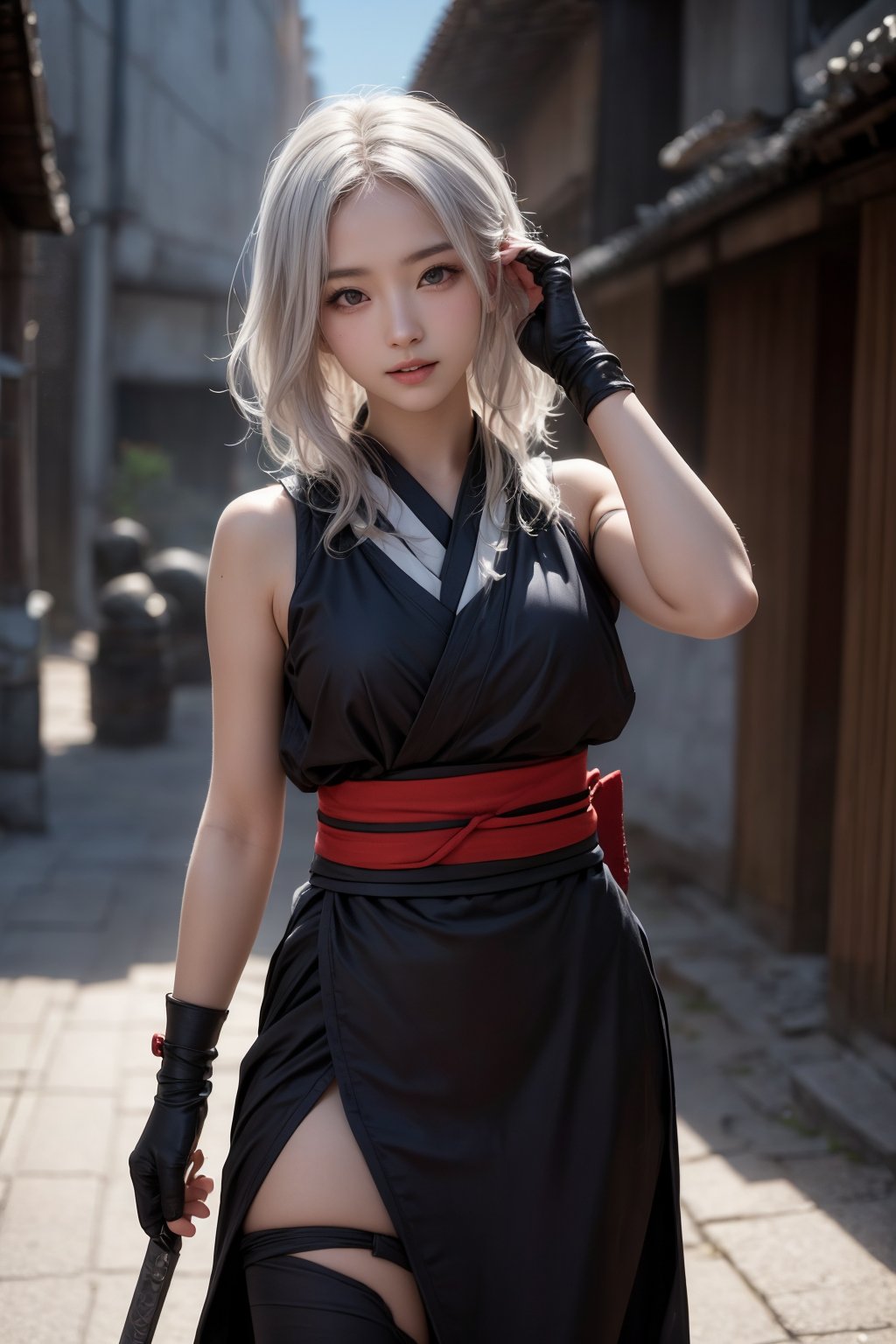 (( attractive pose , traditional kunoichi kimono ,picturing her elegance and coldness)), (masterpiece), a super beautiful Japanese 18-year-old kunoichi with medium wavy white hair, sleeveless shinobi costume , sexy and attractive, surrealism, chiaroscuro, colorful movie lights , Lens Flare, From Outside, Ultra HD,cyberpunk , Textured Skin, High Detail, High Resolution