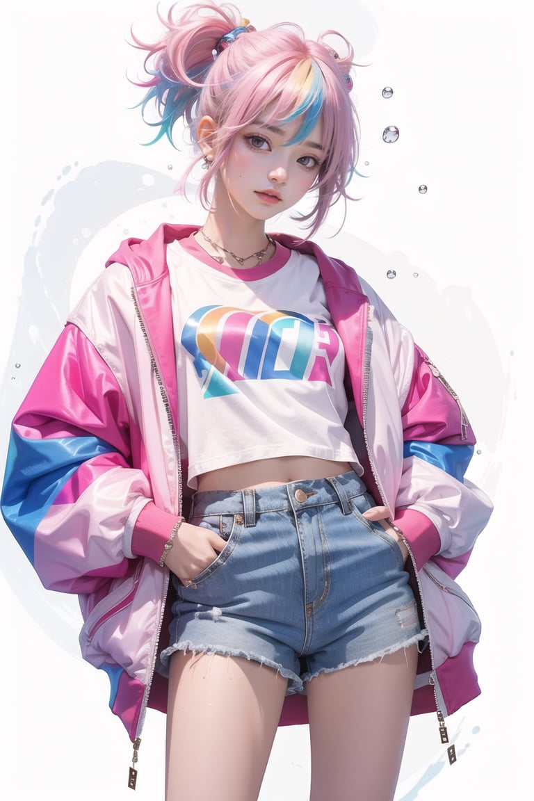 korea girl 22 year old, pink sleek pixie shorts hair style, wearing oversize rainbow jacket bomber m1, shorts bluejeans, white sneaker, splash color on background