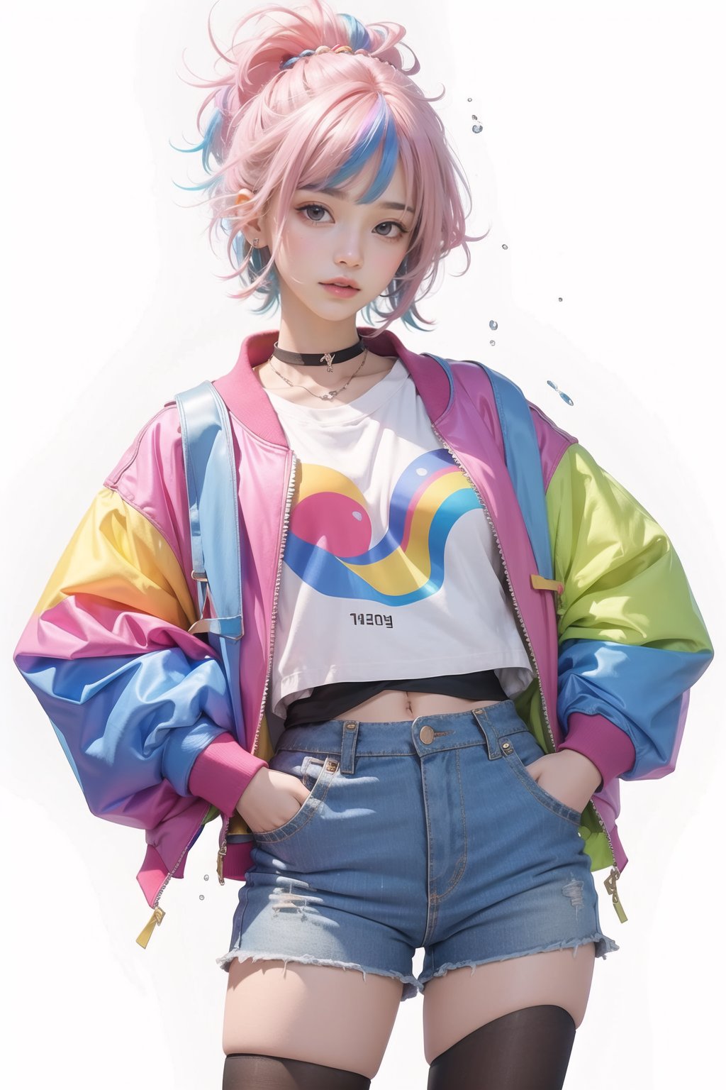 korea girl 22 year old, pink sleek pixie shorts hair style, wearing oversize rainbow jacket bomber m1, shorts bluejeans, white sneaker, splash color on background