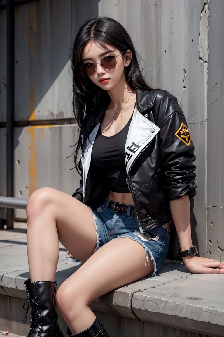 1 girl, black hair, black eyes, long hair, badass outfit (shirt, jacket, dark sun lens, shorts, black boots), cold gaze, cold facial expression, wall in background, Lying on his back, she’s a mercenary. girl in the foreground. Razor hanging from the leg. she is sitting.