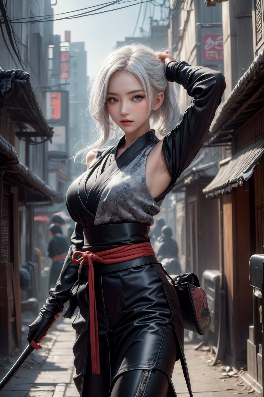 (( attractive pose , traditional kunoichi kimono ,picturing her elegance and coldness)), (masterpiece), a super beautiful Japanese 15 years old kunoichi with medium wavy white hair, sleeveless beautifully decorated shinobi costume , sexy and attractive, surrealism, chiaroscuro, colorful movie lights , in a fallen cyberpunk city, Lens Flare, From Outside, Ultra HD,cyberpunk , Textured Skin, High Detail, High Resolution