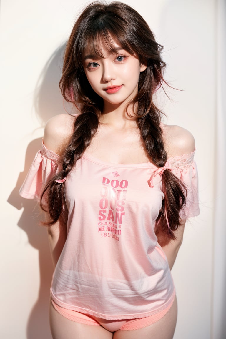 1girl, most beautiful korean girl, stunningly beautiful girl, gorgeous girl, 20yo, over sized eyes, big eyes, smiling, looking at viewer, solo, long hair, breasts, blush, bangs, blue eyes, large breasts, brown hair, shirt, black hair, white background, ribbon, cleavage, medium breasts, very long hair, collarbone, hair ribbon, pink hair, braid, short sleeves, thighs, multicolored hair, cowboy shot, virtual youtuber, off shoulder, two-tone hair, thigh gap, t-shirt, no pants, clothes writing, arm behind back, pink shirt, naked shirt, split-color hair,txznf