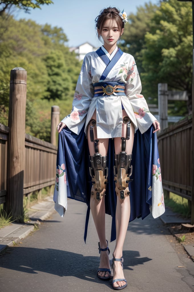 igh-resolution photo,semi-mechanical beauty, looking at viewer, brunette, hair accessory, long sleeves, holding, standing, full body, flower, outdoors,white japanese clothing, hair flower, kimono, blur, obi, colored skin, belt, floral print, sandals , pale skin, wet, realistic, tabi socks, photo background, kanzashi,(((human body combined with mechanical components)))