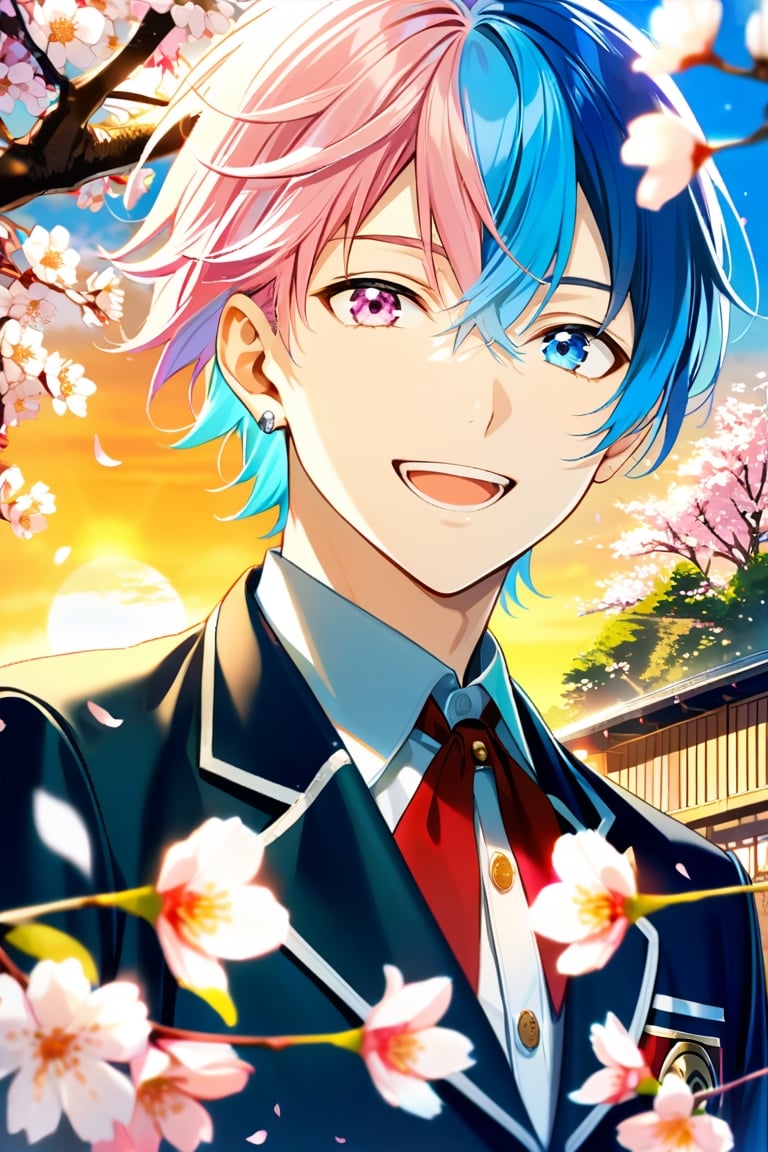 1boy, solo, looking at viewer, smile, short hair, bangs, pink hair, hair between eyes, open mouth, blue eyes, blue hair, male focus,  two-tone hair, pink eyes, heterochromia, portrait, split-color hair, whole body, silver earring, 
wear school uniform, cherry blossoms, school, 
sunset, lens flare, Front-facing,
Add falling cherry blossoms below on the bottom of  the photo.