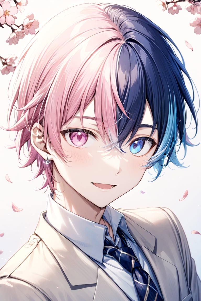 1boy, solo, looking at viewer, smile, short hair, bangs, pink hair, hair between eyes, open mouth, blue eyes, blue hair, male focus,  two-tone hair, pink eyes, heterochromia, portrait, split-color hair, whole body, silver earring,
wear school uniform, cherry blossoms, school,  lens flare,