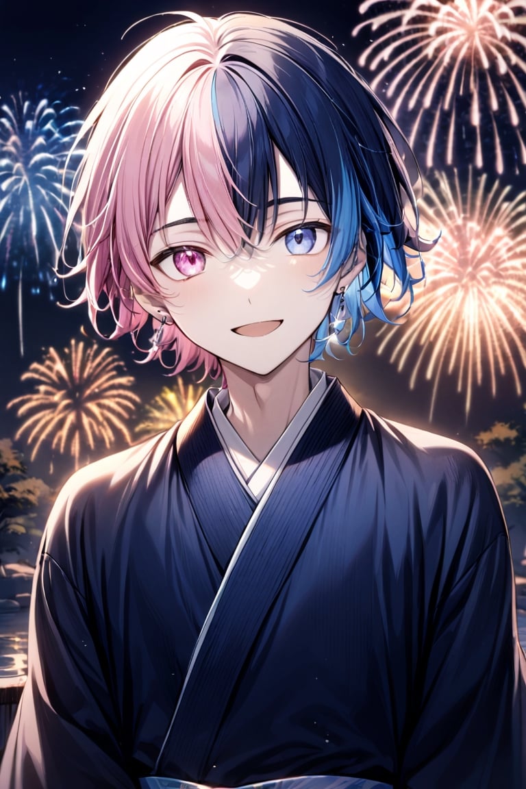 1boy, solo, looking at viewer, smile, short hair, bangs, pink hair, hair between eyes, open mouth, blue eyes, blue hair, male focus,  two-tone hair, pink eyes, heterochromia, portrait, split-color hair, whole body, silver earring, 
wear kimono, midnight, fireworks, lens flare,